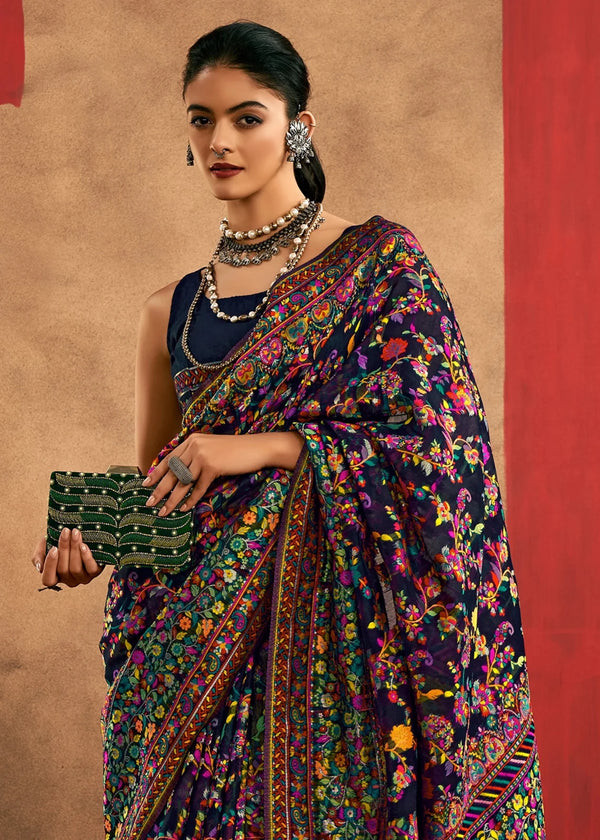 Deep Navy Blue Kashmiri Chinar Cotton Pashmina Saree