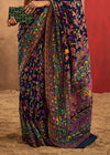 Deep Navy Blue Kashmiri Chinar Cotton Pashmina Saree