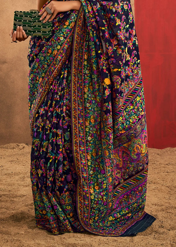 Deep Navy Blue Kashmiri Chinar Cotton Pashmina Saree