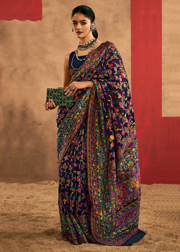 Deep Navy Blue Kashmiri Chinar Cotton Pashmina Saree
