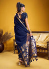 Deep Navy Blue Linen Silk Saree
