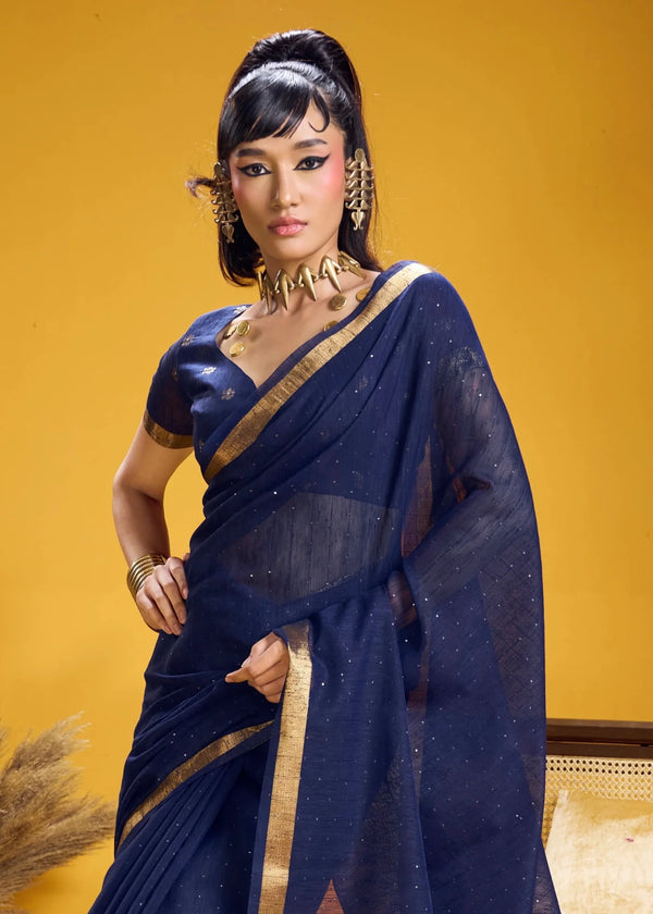 Deep Navy Blue Linen Silk Saree