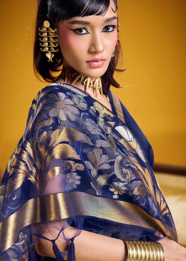 Deep Navy Blue Linen Silk Saree