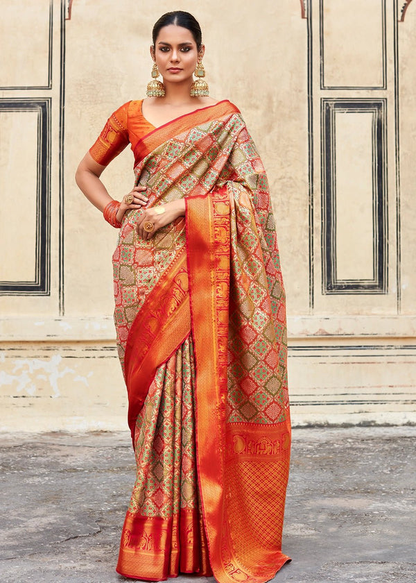 Deep Orange And Olive Green Dharmavaram Silk Saree