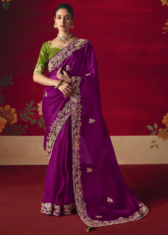Deep Purple Designer Silk Saree with Contrast Blouse