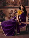 Deep Purple Embroidered Designer Satin Silk Saree With Contrast Blouse