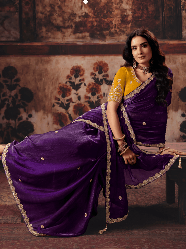 Deep Purple Embroidered Designer Satin Silk Saree With Contrast Blouse