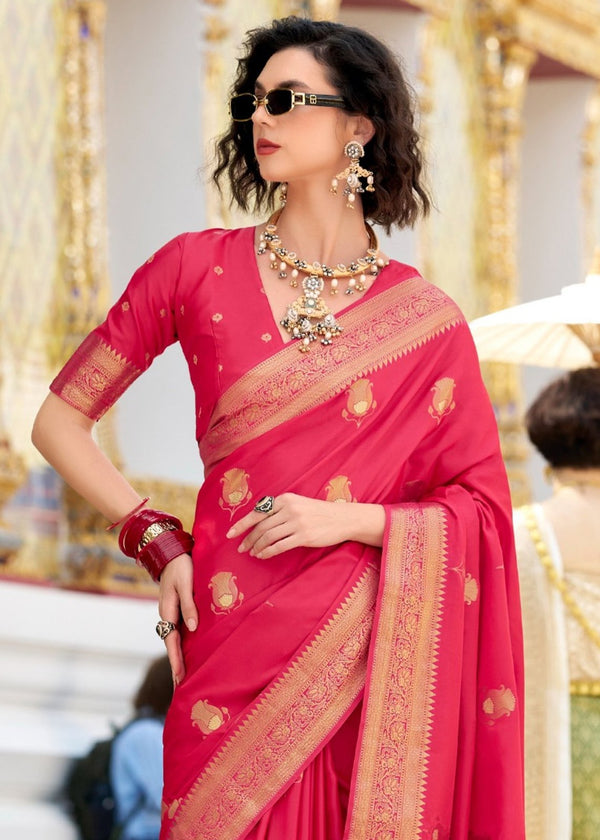 Deep Rose Pink Banarasi Satin Silk Saree