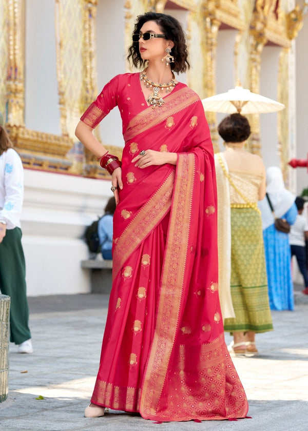Deep Rose Pink Banarasi Satin Silk Saree