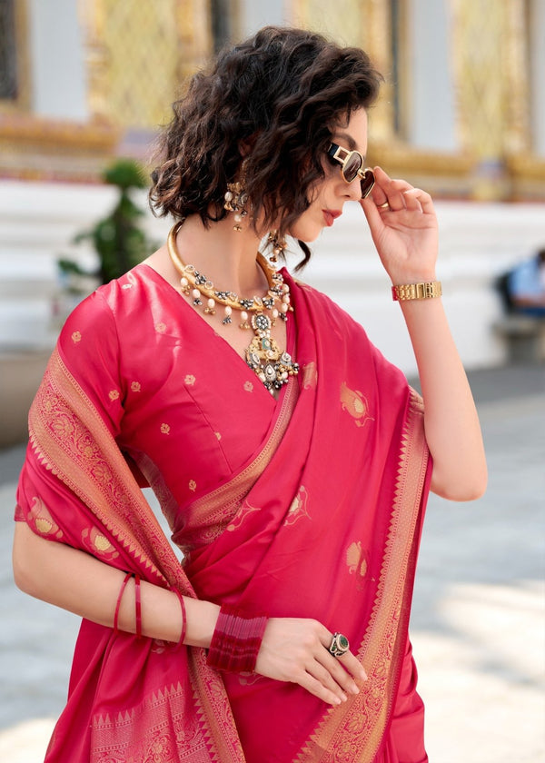 Deep Rose Pink Banarasi Satin Silk Saree