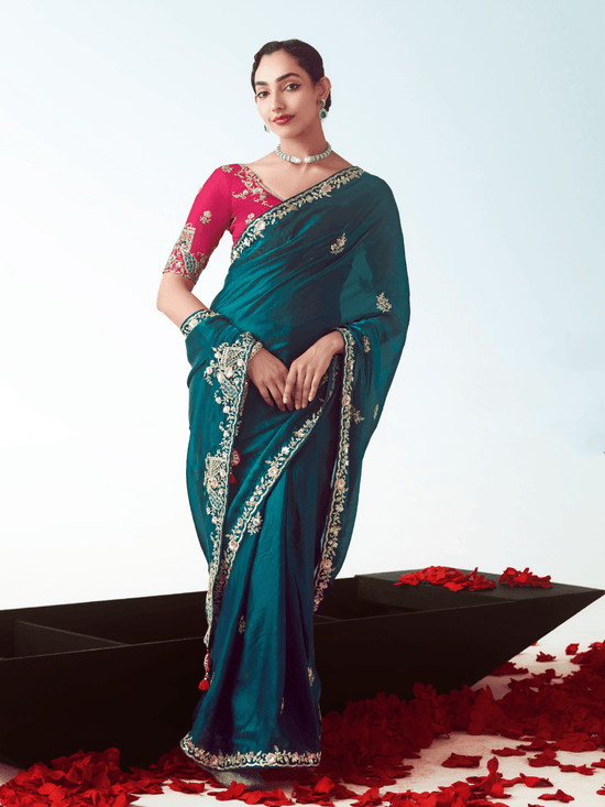 Deep Teal Embroidered Designer Satin Silk Saree With Contrast Blouse
