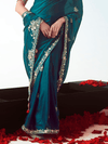 Deep Teal Embroidered Designer Satin Silk Saree With Contrast Blouse