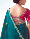 Deep Teal Embroidered Designer Satin Silk Saree With Contrast Blouse
