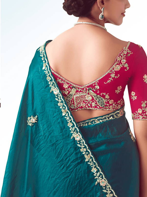 Deep Teal Embroidered Designer Satin Silk Saree With Contrast Blouse