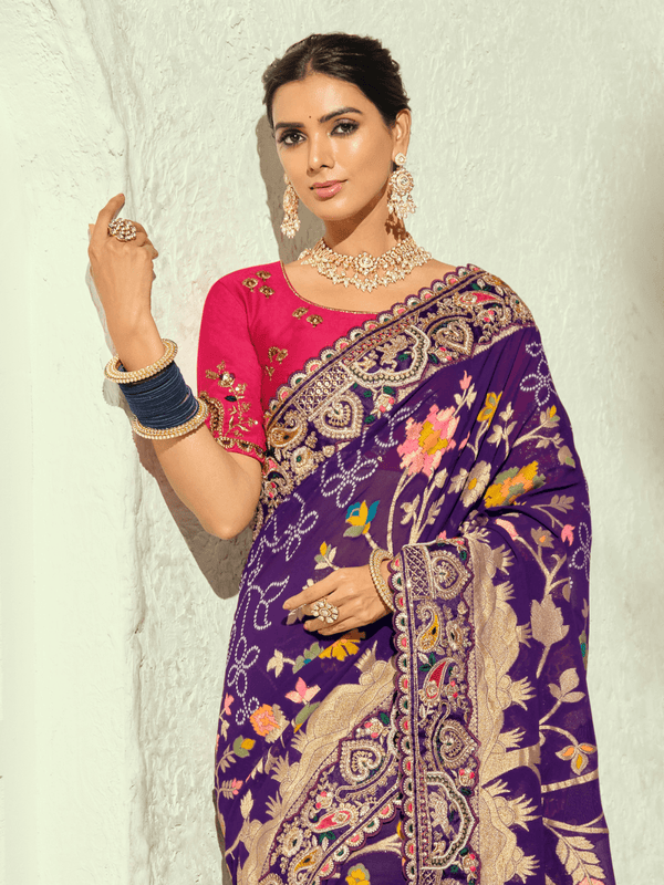 Deep Violet Banarasi Georgette Saree With Contrast Blouse