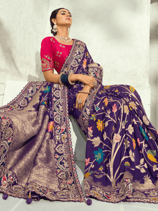 Deep Violet Banarasi Georgette Saree With Contrast Blouse