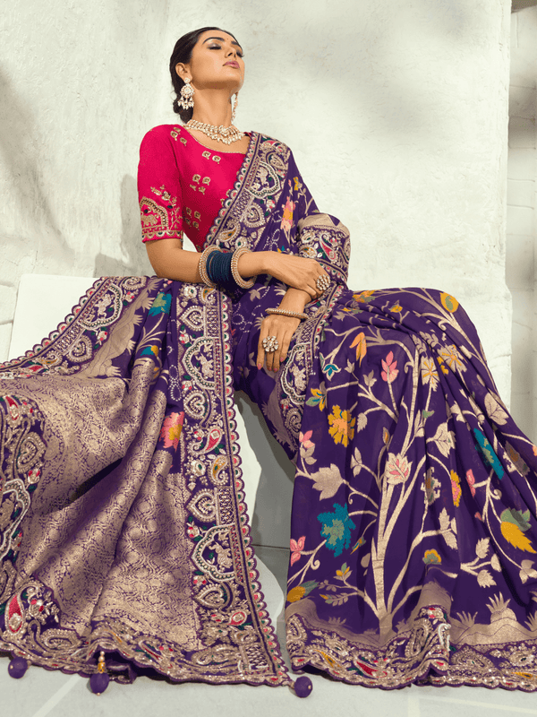 Deep Violet Banarasi Georgette Saree With Contrast Blouse