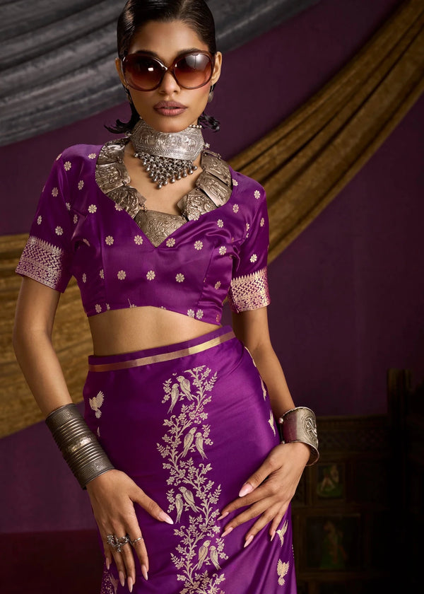 Deep Violet Purple Satin Silk Saree