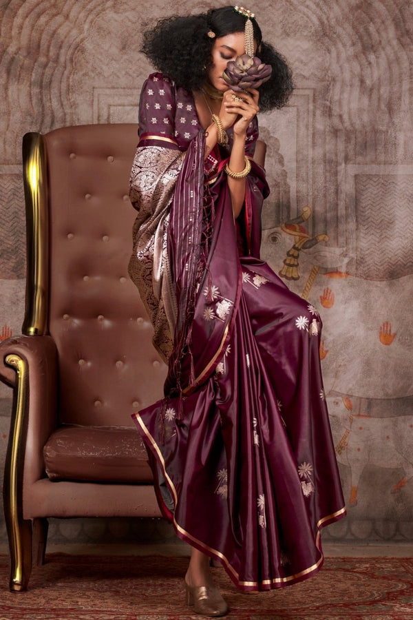 Deep Wine Pichwai Satin Silk Saree