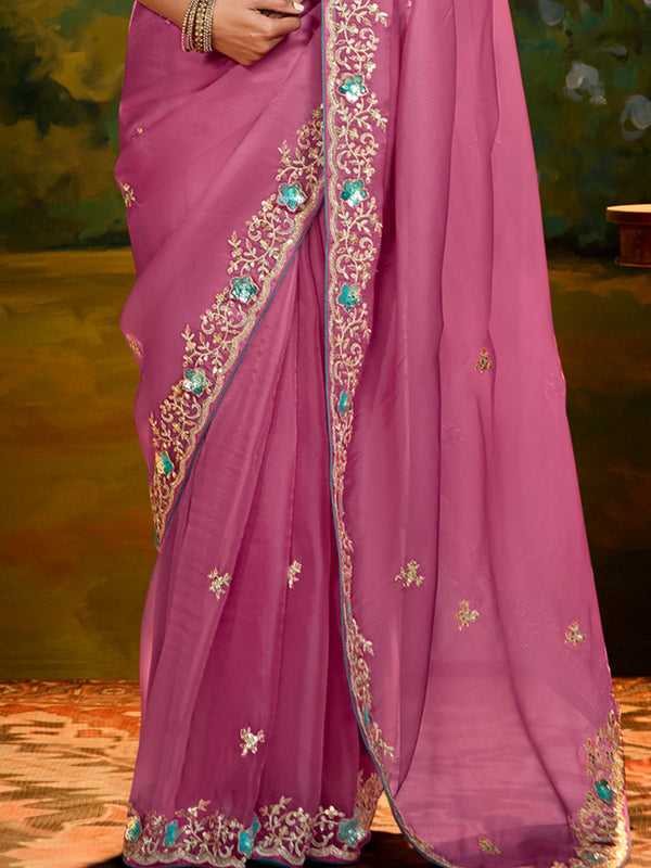 Designer Saree in Rani Pink Georgette with Embroidery