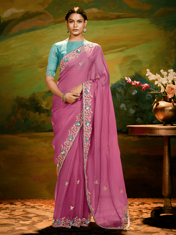 Designer Saree in Rani Pink Georgette with Embroidery