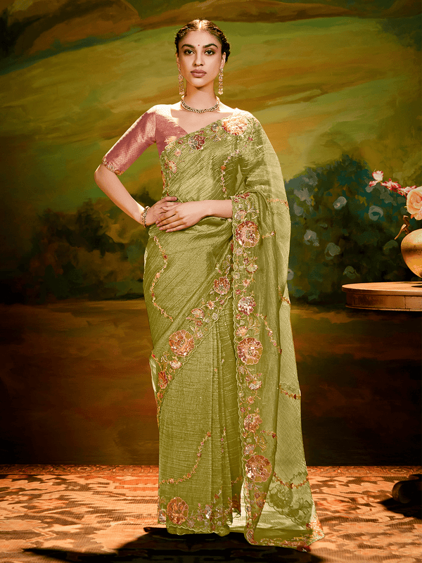 Designer Tissue Silk Saree in Olive Green With Embroidery
