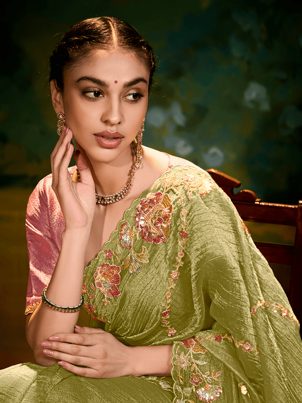 Designer Tissue Silk Saree in Olive Green With Embroidery