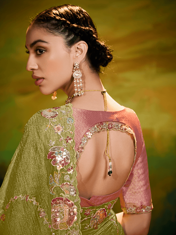 Designer Tissue Silk Saree in Olive Green With Embroidery