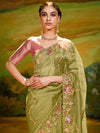 Designer Tissue Silk Saree in Olive Green With Embroidery