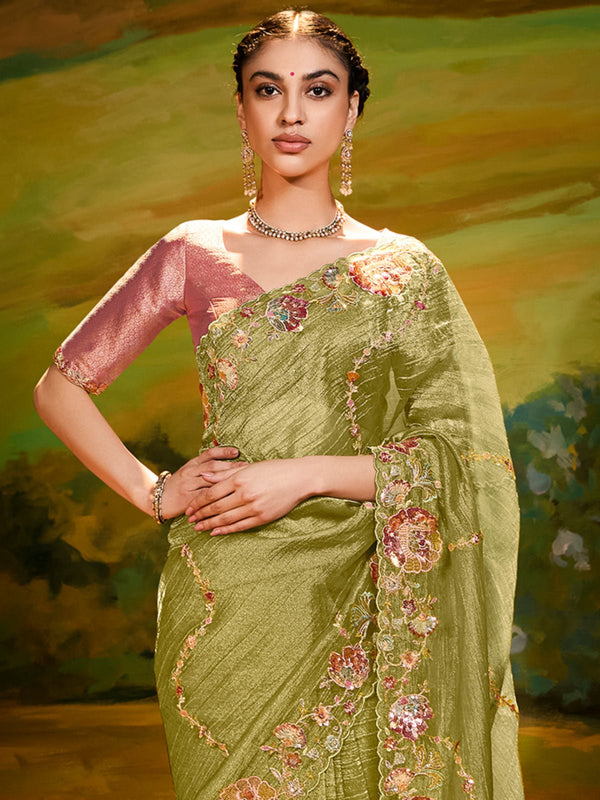 Designer Tissue Silk Saree in Olive Green With Embroidery