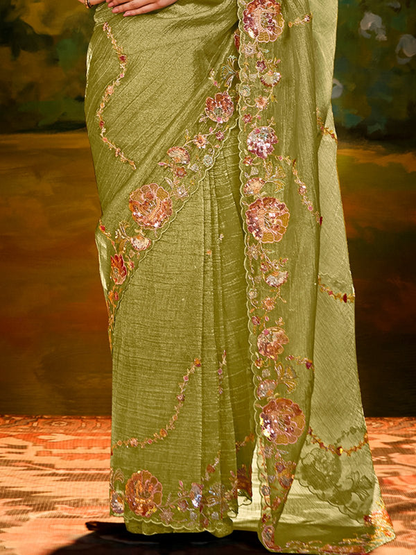 Designer Tissue Silk Saree in Olive Green With Embroidery