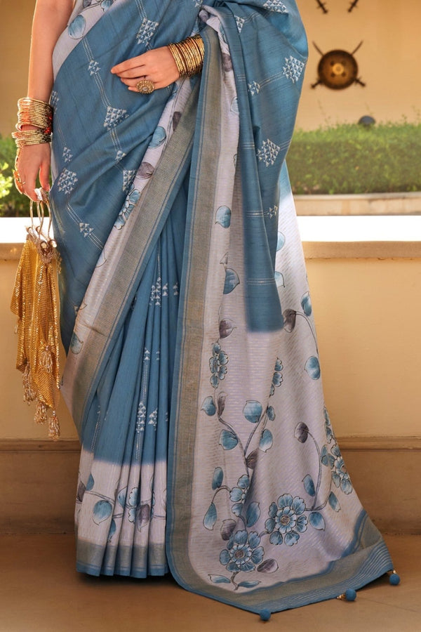 Dusty Blue And Light Grey Banarasi Silk Saree With Floral Pallu