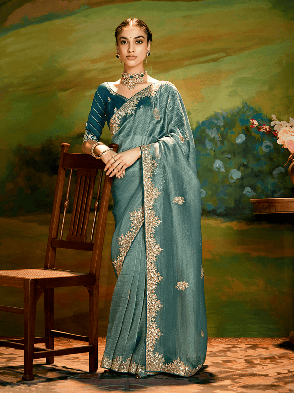 Dusty Green Tissue Silk Designer Saree with Embroidery