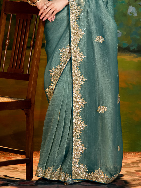 Dusty Green Tissue Silk Designer Saree with Embroidery
