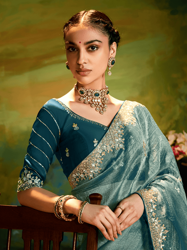 Dusty Green Tissue Silk Designer Saree with Embroidery