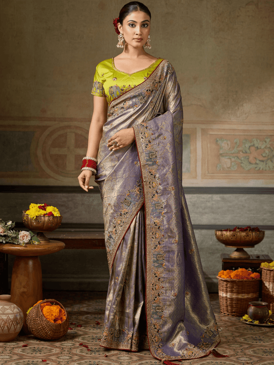 Dusty Lavender Banarasi Satin Silk Saree With Contrast Blouse