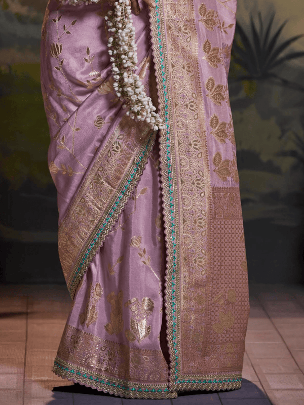 Dusty Lilac Banarasi Satin Silk Saree With Contrast Blouse