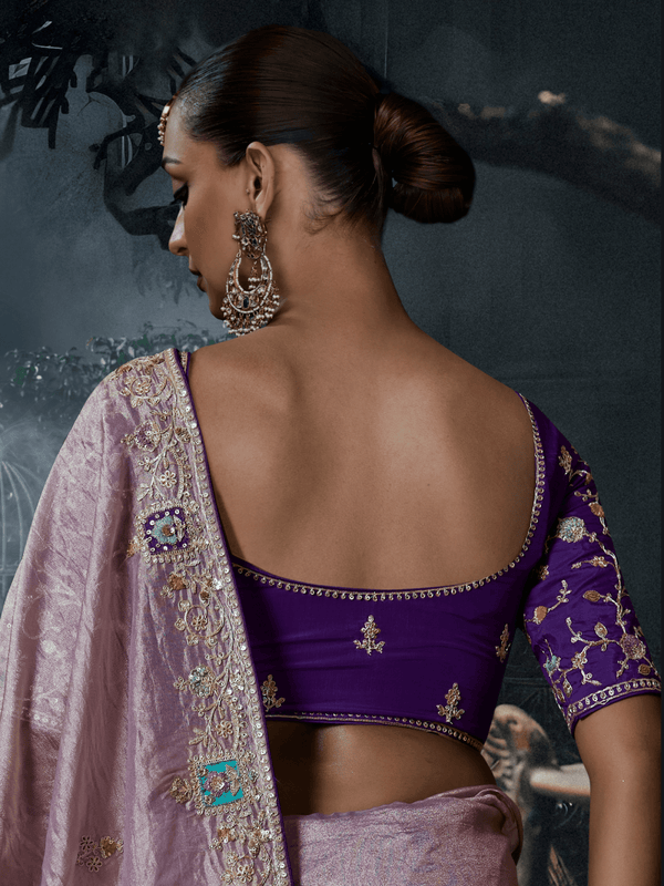 Dusty Mauve Embroidered Designer Tissue Silk Saree With Contrast Blouse
