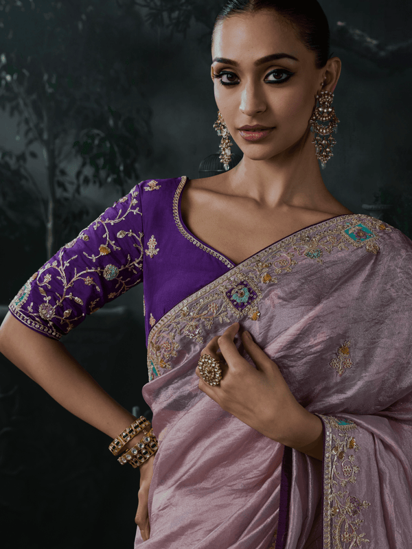 Dusty Mauve Embroidered Designer Tissue Silk Saree With Contrast Blouse