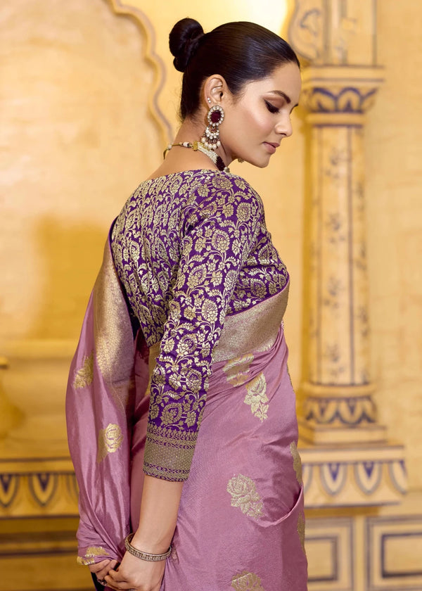 Dusty Mauve Pink Banarasi Crepe Silk Saree with Purple Contrast Blouse