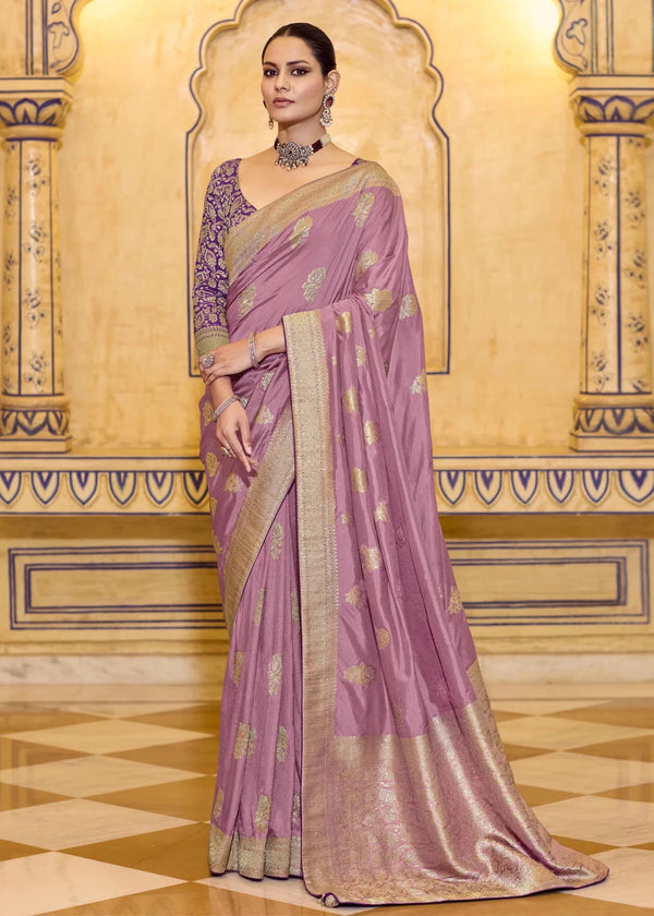 Dusty Mauve Pink Banarasi Crepe Silk Saree with Purple Contrast Blouse