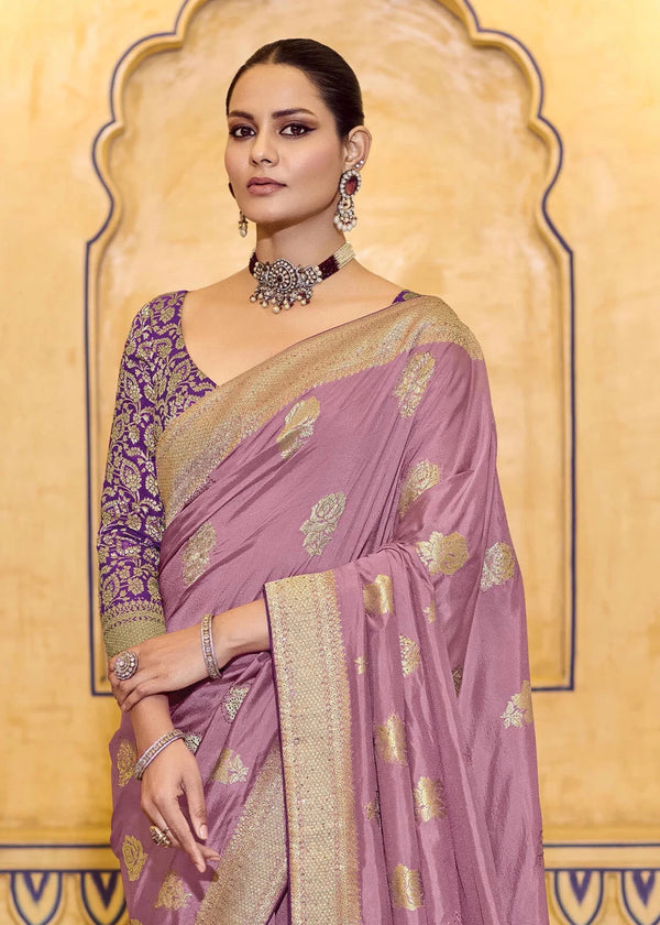 Dusty Mauve Pink Banarasi Crepe Silk Saree with Purple Contrast Blouse