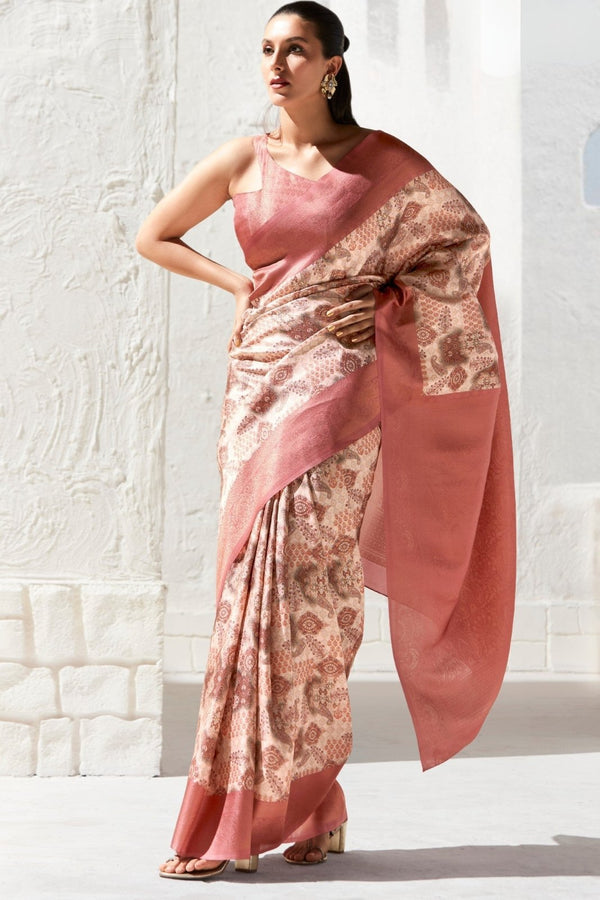 Dusty Pink and Beige Banarasi Digital Printed Saree