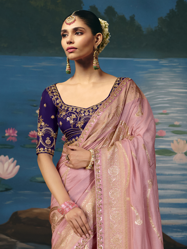 Dusty Pink Banarasi Dola Silk Saree, pallu and blouse