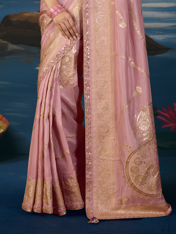 Dusty Pink Banarasi Dola Silk Saree, border and drape