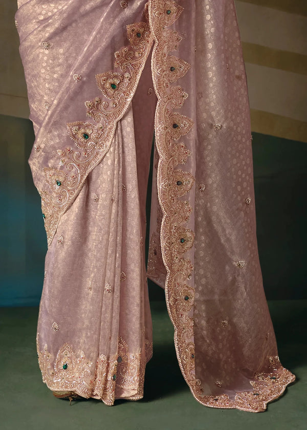 Dusty Pink Designer Silk Saree with Floral Embroidery Work