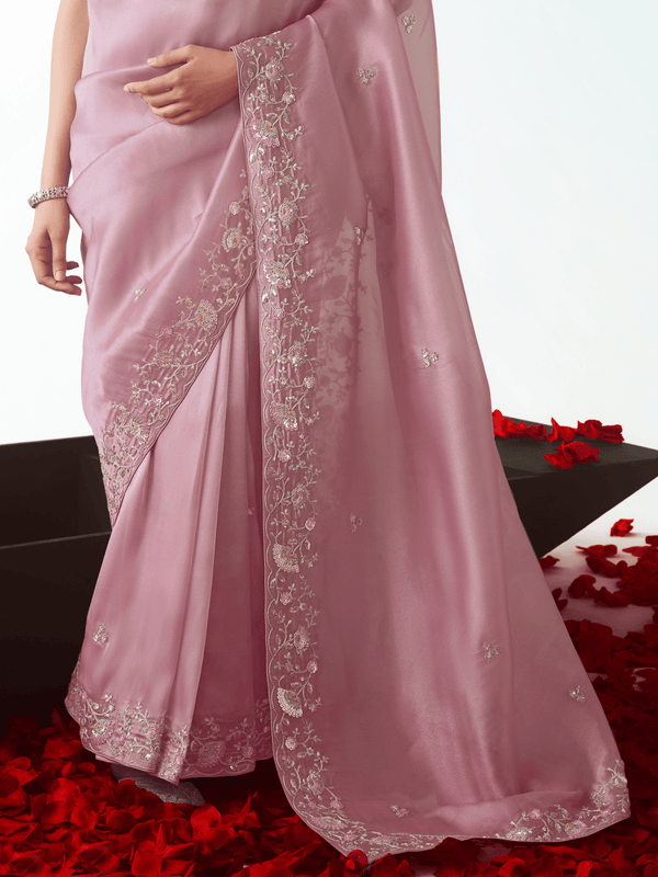 Dusty Pink Embroidered Designer Organza Silk Saree With Contrast Blouse
