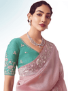 Dusty Pink Embroidered Designer Organza Silk Saree With Contrast Blouse