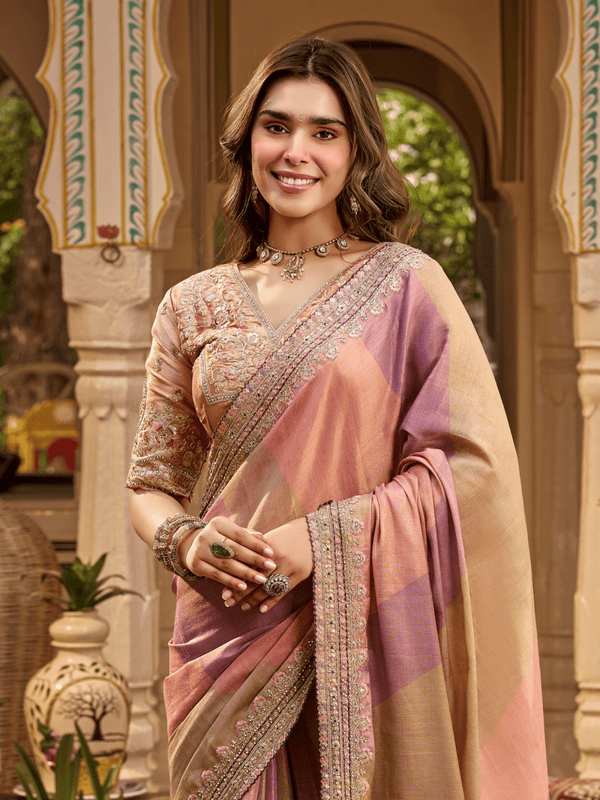Dusty Pink Embroidered Designer Tissue Silk Saree
