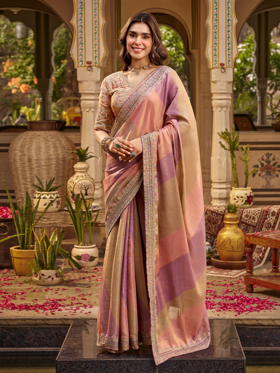 Dusty Pink Embroidered Designer Tissue Silk Saree